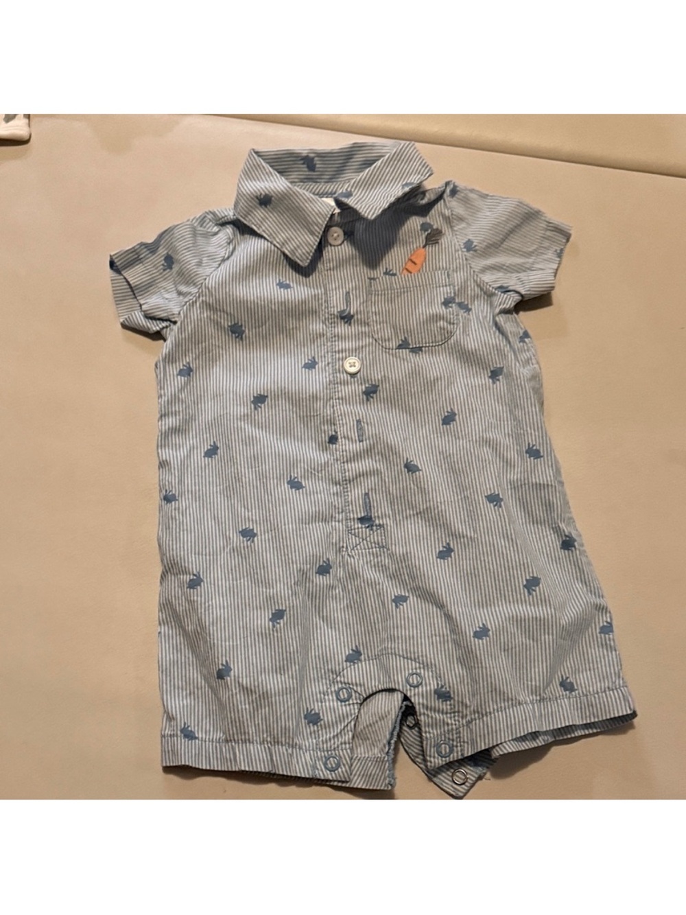 Adorable Carter's Light Blue Striped Button-Front Romper with Bunny Motif